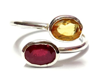 Handgemachter Sterling Silber Twist Ring, mit natürlichen Rubin und Citrin, Schmuck aus 925 Sterling Silber