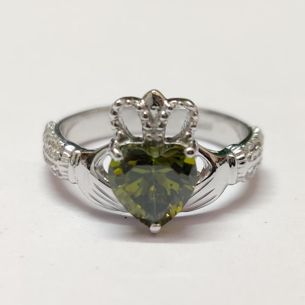 Sterling Silver Claddagh Ring Silver Irish Ring Peridot Color CZ Heart Ring Silver Promise Ring 925 Sterling Silver Irish Claaddagh Ring