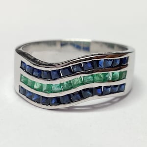 Silver Emerald Sapphire Ring Men Sapphire Emerald Statement Band Mens Emerald Ring Mens Sapphire Ring Mens Jewelry Fathers Day Gift