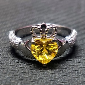 Heart Claddagh Band Sterling Silver Irish Claddagh Ring Yellow Color CZ Heart Ring Silver Heart Promise Ring Yellow Heart Valentine Ring