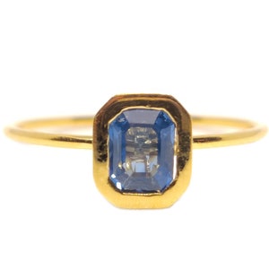 18K Gold Blue Sapphire Ring, Emerald Cut, September Birthstone