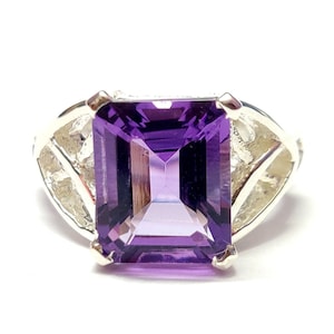 Large Amethyst Statement Ring Big Amethyst Cocktail Ring 9x11 Emerald Cut Amethyst Ring February Birthstone 925 Silver February Mens Ring