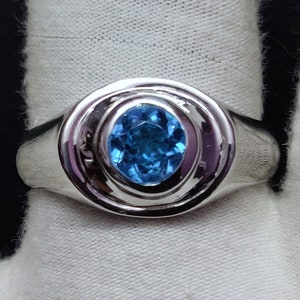Swiss Blue Topaz Men Ring 7 mm Round Blue Topaz Silver Band For Men Natural Blue Topaz Ring 1.6 Ct Blue Topaz Band Wide Blue Topaz Band Men