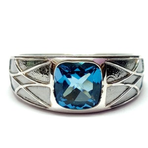 London Blue Topaz Wedding Band Natural London Topaz Engagement Band 8 mm Cushion 2.5 Ct London Topaz Band For Men Sterling Silver Topaz Band