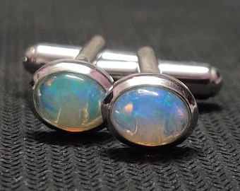 Ethiopian Opal Cufflinks, Oval Sterling Silver Fire Opal Cuff Links