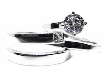 Sterling Silver Couple Rings with Cubic Zircon, Anniversary Bands