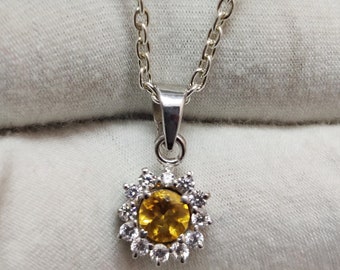 Sterling Silver Citrine Pendant, 5mm Round Gemstone Necklace
