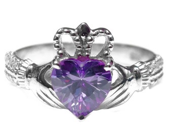 Silver Purple Claddagh Ring Silver Irish Ring Amethyst Color CZ Heart Ring Silver Promise Ring 925 Sterling Silver Irish Claaddagh Ring