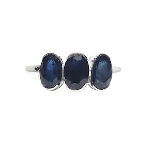 Blue Sapphire Ring Natural Blue Sapphire Three Stone Ring 4x6 mm Oval Sapphire Ring September Birthstone Three Stone Ring 925 Silver