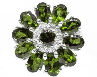 Handmade Peridot Flower Ring, Sterling Silver, Green Gemstone Anniversary Gift