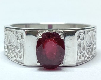 Ruby Art Deco Ring 1.5 Ct Ruby Vintage Ring Sterling Silver Ruby Band Heavy Silver Ruby Ring Vintage Ruby Ring 6x8 mm Oval Ruby Filled Ring