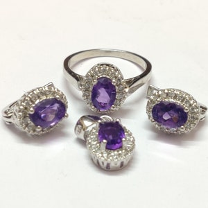 Silver Amethyst Jewelry Set Amethyst Cluster Jewelry Set 3.2 Ct Natural Amethyst 5x7 mm Oval February Birthstone Set Jewelry Set For Women