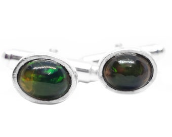 Black Opal Cufflinks, Sterling Silver Bezel Set, Fire Opal 6x8 mm Oval Opal Cufflinks Unisex Cufflinks Bullet Back Cufflinks For Men