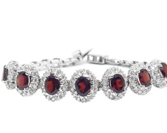Red Garnet Bracelet, 925 Sterling Silver Chain, January Birthstone