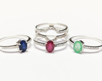 Handmade Emerald Sapphire Ruby Ring, 925 Sterling Silver Anniversary Ring