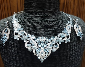 Art Deco Blue Topaz Necklace Set, 925 Sterling Silver Jewelry