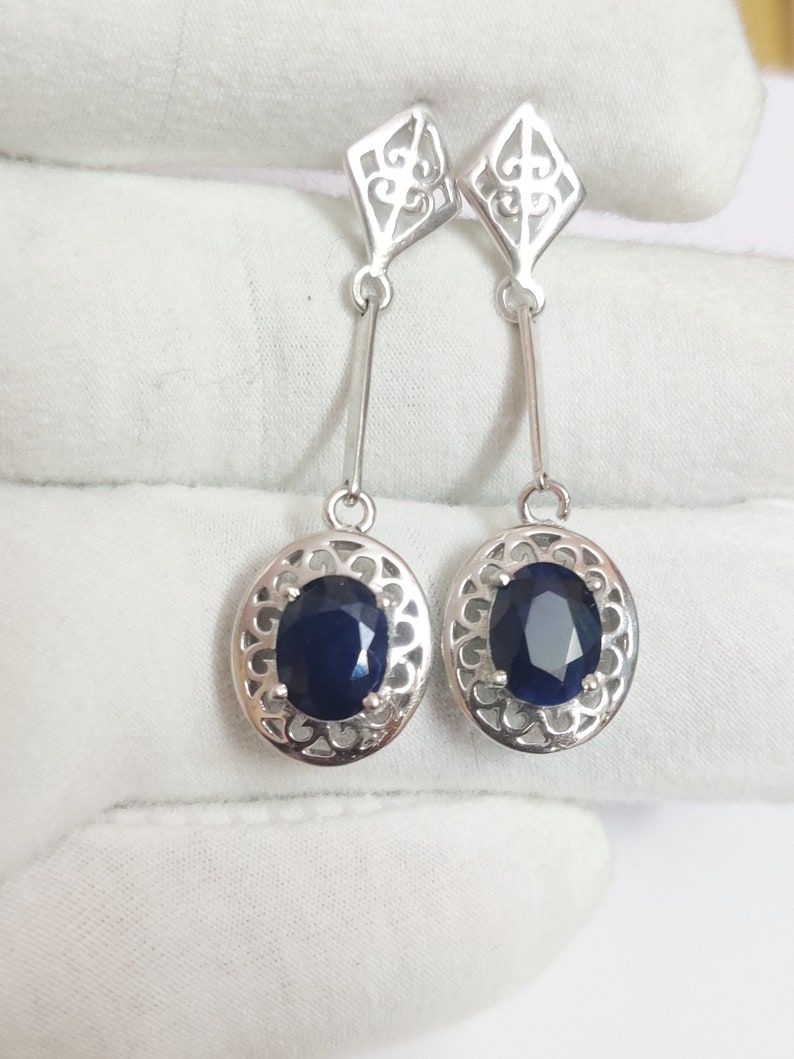 Silver Blue Sapphire Earrings Natural Blue Sapphire Drop Earrings 5 Ct Blue Sapphire 925 Sterling Silver Blue Sapphire Earrings