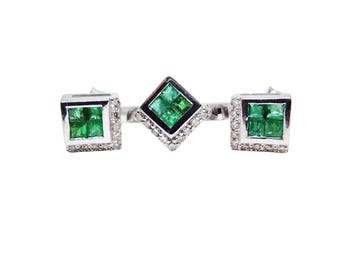 Sterling Silver Emerald Diamond Jewelry Set, Anniversary Gift