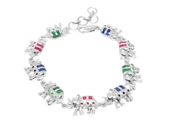 Rainbow Elephant Bracelet For Men 925 Silver Antique Elephant Bracelet Women Natural Emerald Sapphire Ruby Vintage Bracelet
