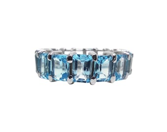 925 Sterling Silver Swiss Blue Topaz Eternity Ring Emerald Cut Swiss Topaz Eternity Band