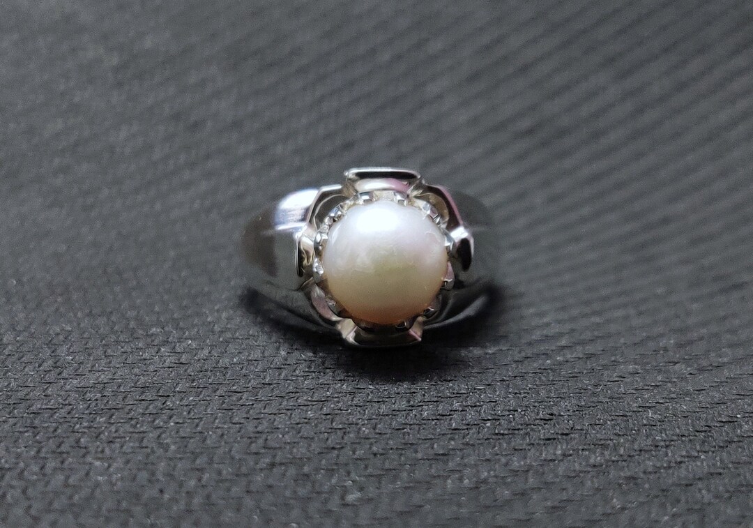 925 Silver Pearl Ring Men 9 Mm Round Pearl Band Mens Pearl Etsy