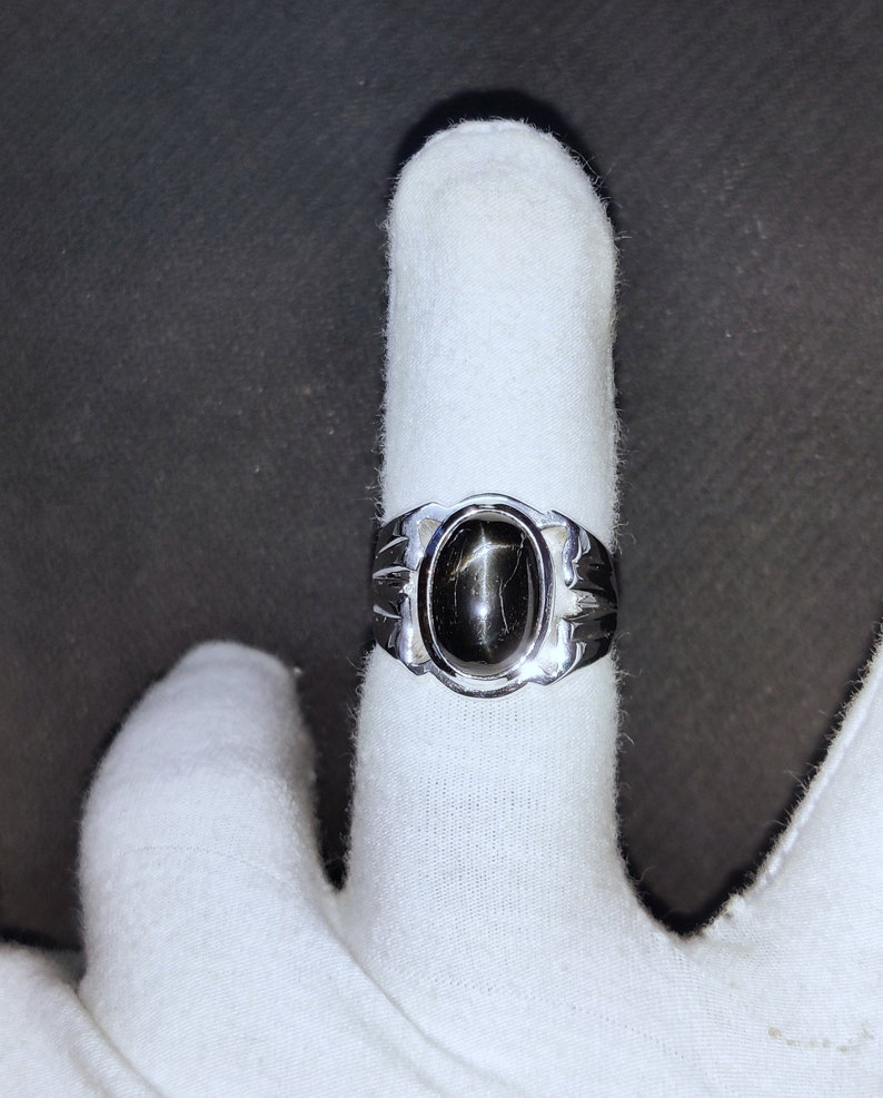 Silver Black Diopside Ring 10x14 mm Oval 7 Ct Black Star Ring 4 Star Black Star Men Heavy Silver Ring Black Diopside Men Ring Gemstone Ring