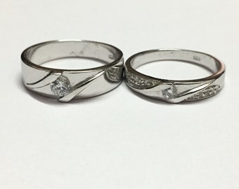 Sterling Silver Couple Ring Set, Zircon Promise Rings
