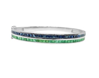 925 Silver Emerald Sapphire Mens Bangle Solid Silver Thick Gemstone Bangle For Men