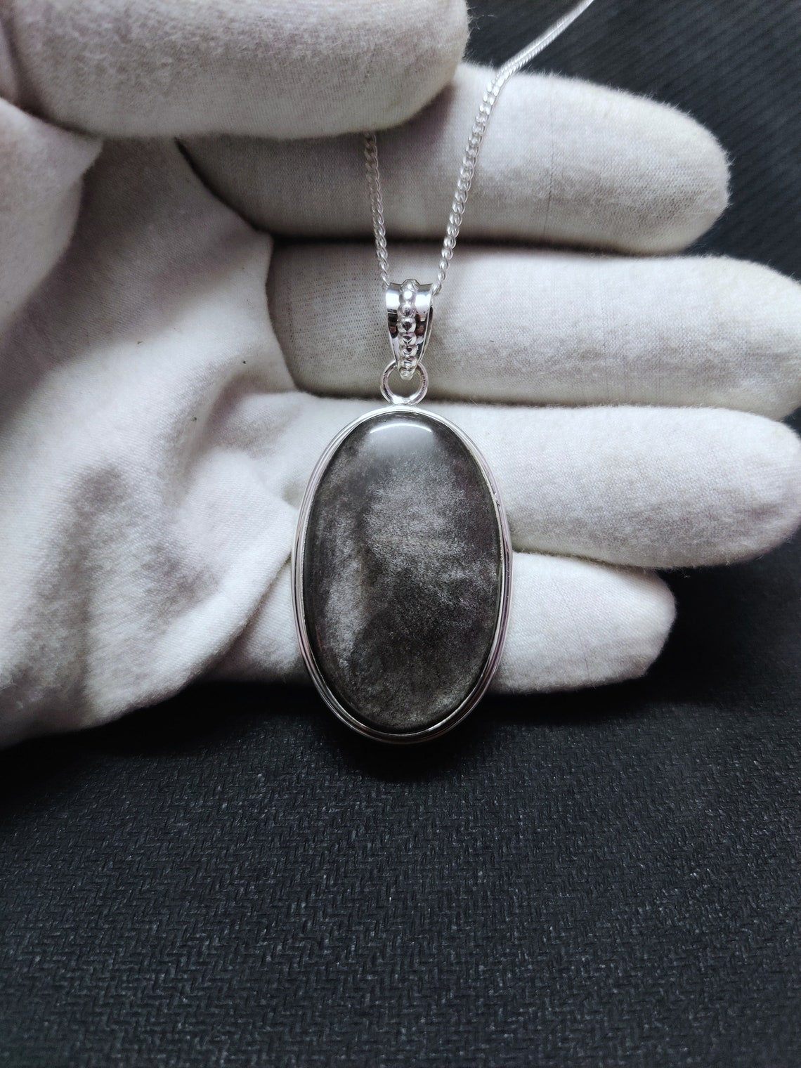 Silver Obsidian Pendant Necklace 925 Sterling Silver Obsidian Etsy