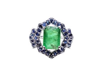 Natural Emerald Sapphire Statement Ring 925 Silver Emerald Statement Band May Birthstone Band Genuine Emerald Cut Emerald Band