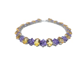 Silver Citrine Amethyst Bracelet Amethyst Flower Bracelet Bridal Designer Bracelet Yellow Purple Bracelet November February Birthstone