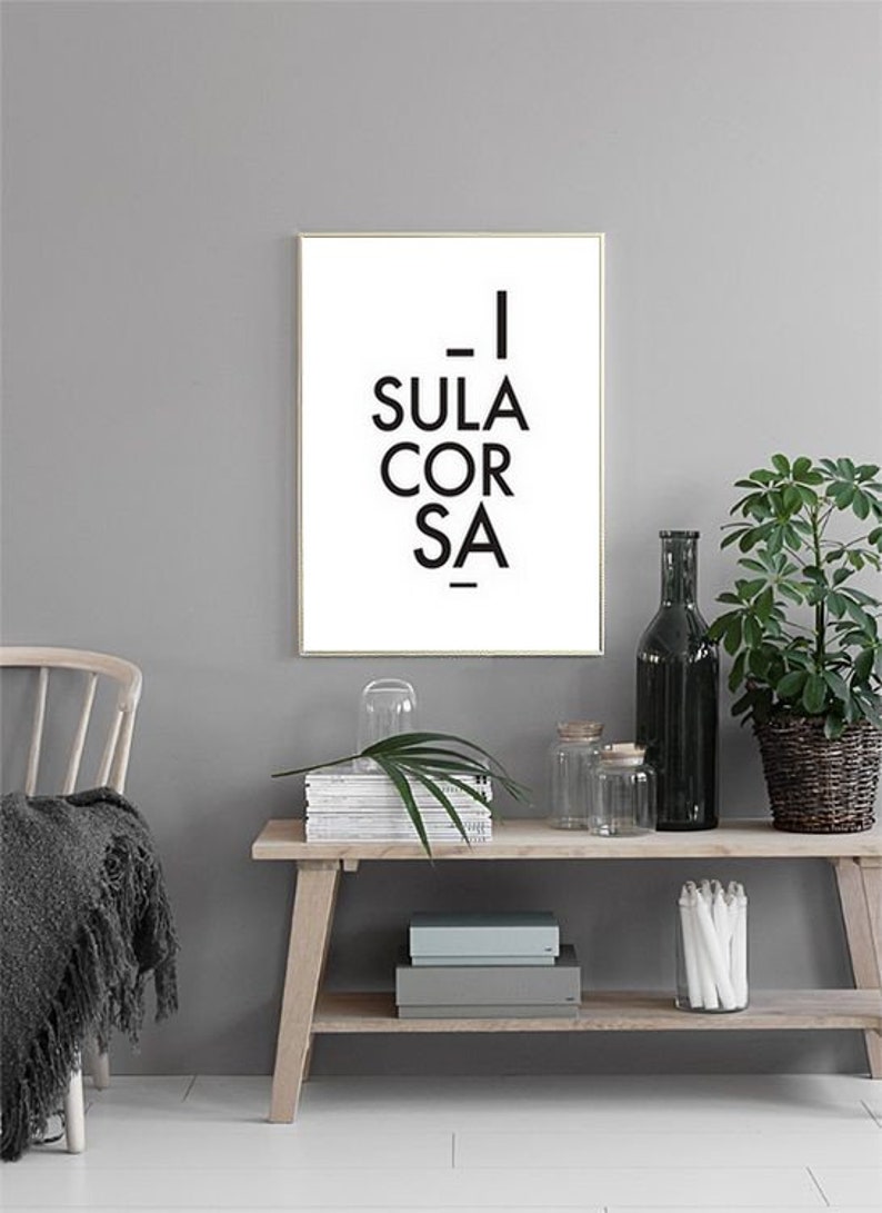 May include: A framed print with the text "- I SULA COR SA -" in black on a white background. The print is displayed on a wooden shelf with decorative items, including a green plant in a woven basket and glass jars.