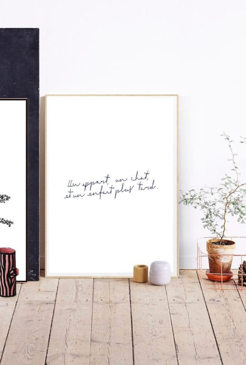 May include: A framed print with a white background and black text that reads "Il y a part un chat, et un enfant plus tard."