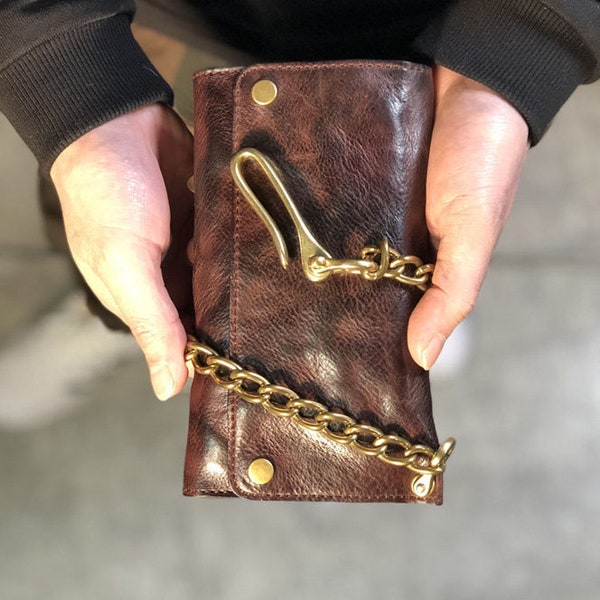 Vintage Brieftasche und Kette, lange Brieftasche aus Leder, dreifache Brieftasche aus Leder, Freund Geschenk Brieftasche, Kartenetui, Handytasche für Männer