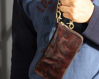Leather Chain Wallet,Mens Leather Long Wallet,Bifold Leather Zipper Wallet,Card wallet,Cellphone Wallet For Men
