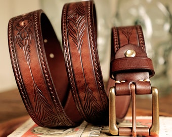 Handmade Floral Engraved Leather Belt,Western Cowboy Belt,Mens Leather Belt,Gift for him