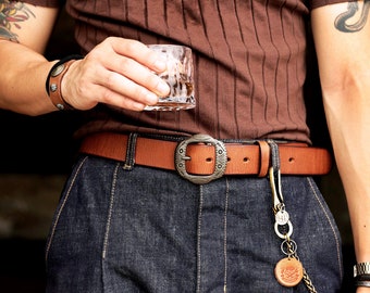 Handmade Mens Leather Belt,Gifts for Him,Western Cowboy Leather Belt,Italy Leather Belt