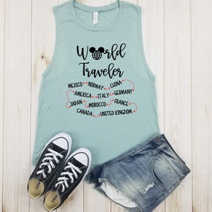 World Traveler Liste der Länder - Muskel Tank, Epzot Trinkshirt, Ess- und Weinshirt, Disney Tank.