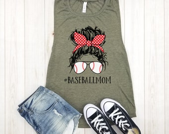 Polka Dot Baseball Mom Bun - Muscle Tank, Baseball Mom Shirt, Baseball Shirt, Baseball Shirts, Baseball Mama Shirt,Love Baseball Shirt.
