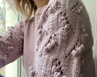 Women's Bobbles Sweater, Girls popcorn jumper, Women's Handknit Cotton pullover, Soft Pink Sweater for women, Mother's Day Sweater