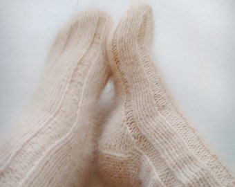Handknit Angora Socks: Fluffy Ribbed Unisex Cabin Socks