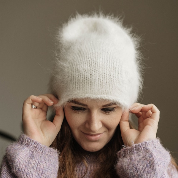 READY TO SHIP grey Angora Hand Knit Beanie, Gray Slouchy Knit Hat, White Knit Angora Hat, Mother's Day Gifts