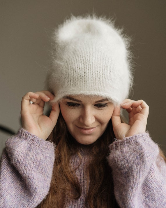 Grey Angora Hand Knit Beanie, Gray Slouchy Knit Hat, White