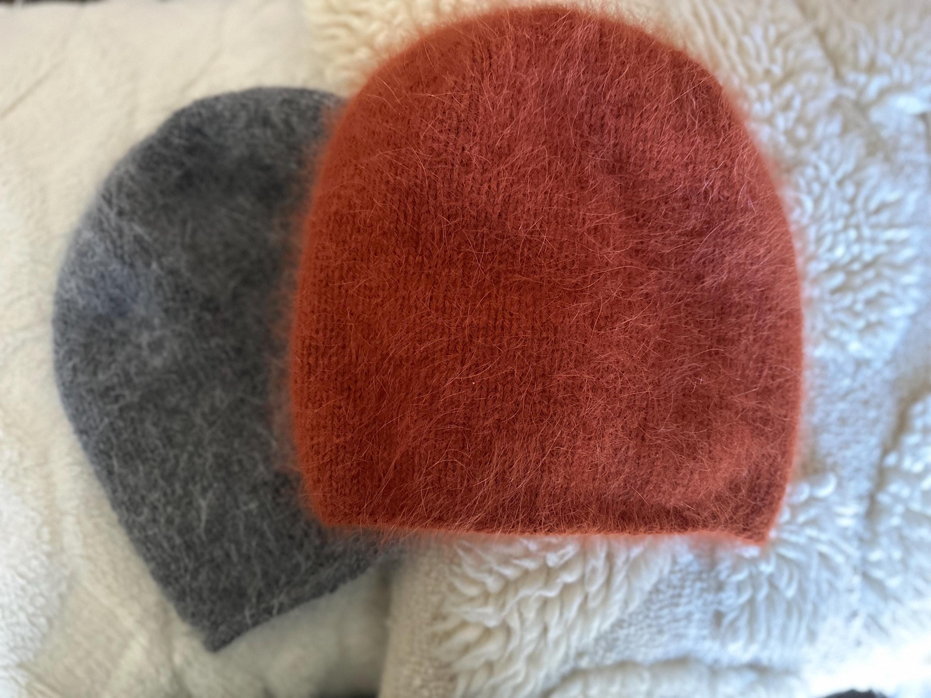 Grey Angora Hand Knit Beanie, Gray Slouchy Knit Hat, White