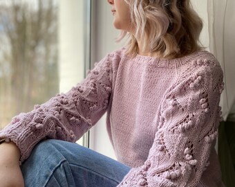 Girls popcorn jumper, Women's Bobbles Sweater, Women's Handknit Cotton pullover, Soft Pink Sweater for women, Mother's Day Sweater