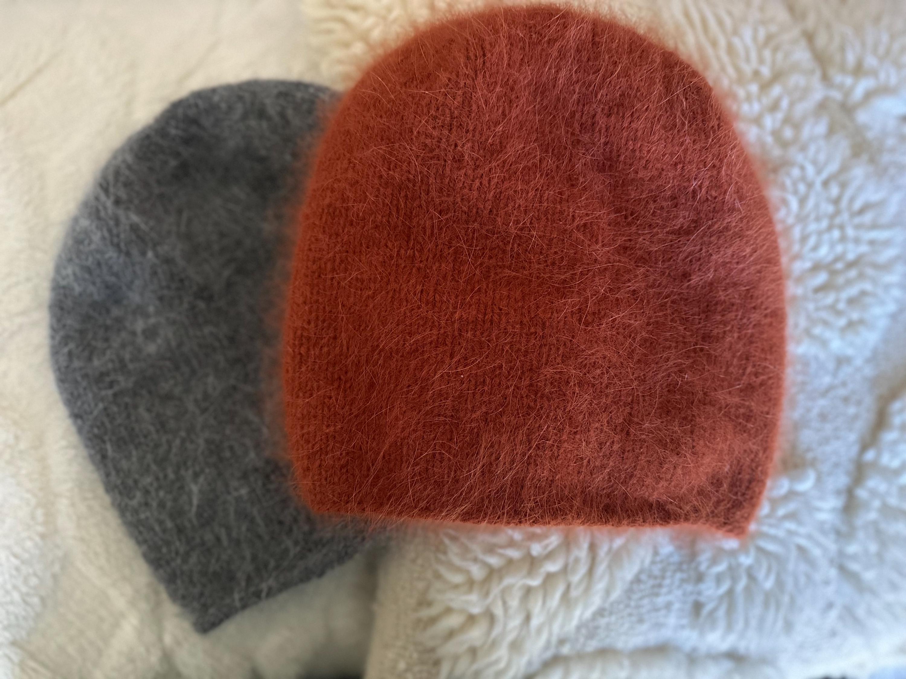 Grey Angora Hand Knit Beanie, Gray Slouchy Knit Hat, White