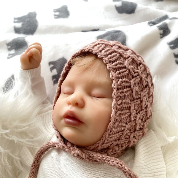 Ready to Ship hand Knit Baby bonnet, Hand Knit Newborn Baby Hat,  newborn reborn baby hat, Neutral photo shoot baby bonnet