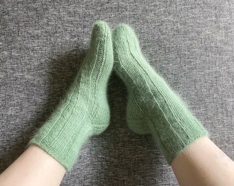 Handknit Green Angora Socks: Fluffy Ribbed Bed Socks
