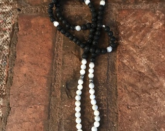 Mala Necklace. MarksMalas. Beautiful Yoga fashion necklace. Mother of pearl and Black Lava Beads with Aum OM pendant.