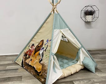 Teepee tent for kids with hand drawing Lion King, cotton indoor playhouse, childrens outdoor playhouse, tipi zelt kinder